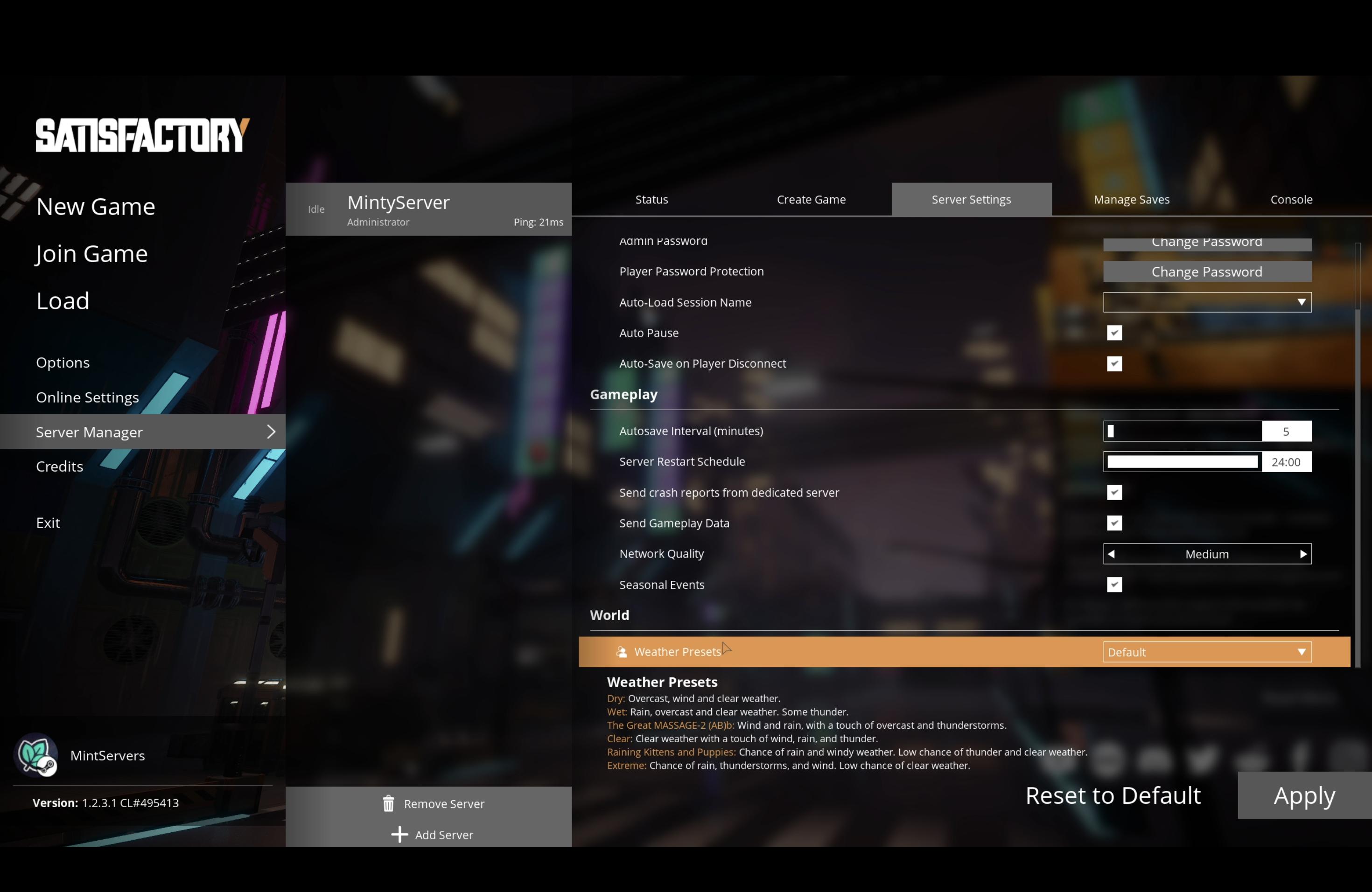 Satisfactory Server Manager Server Settings tab